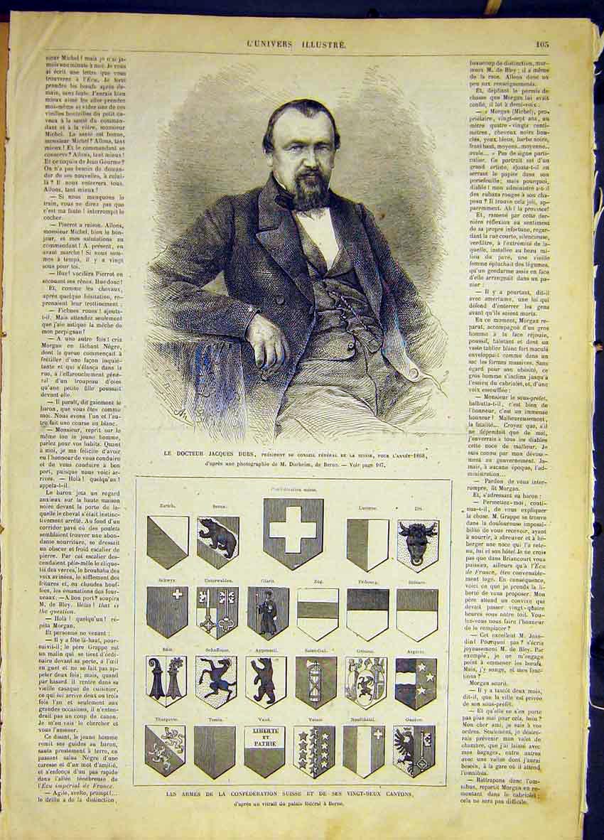 Original Old Antique Print Portrait Doctor Dubs Swiss Confederation Flags 1868