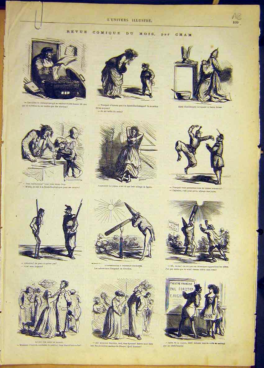 Original Old Antique Print Comic Sham Sketches Charlemagne French 1868 19th