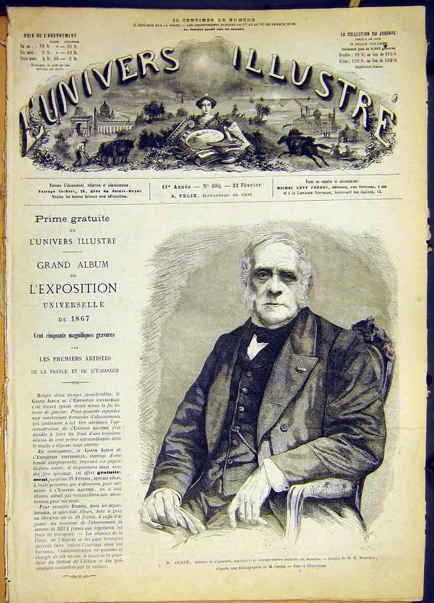 Original Old Antique Print Portrait Auber Institute Music French 1868 Victorian