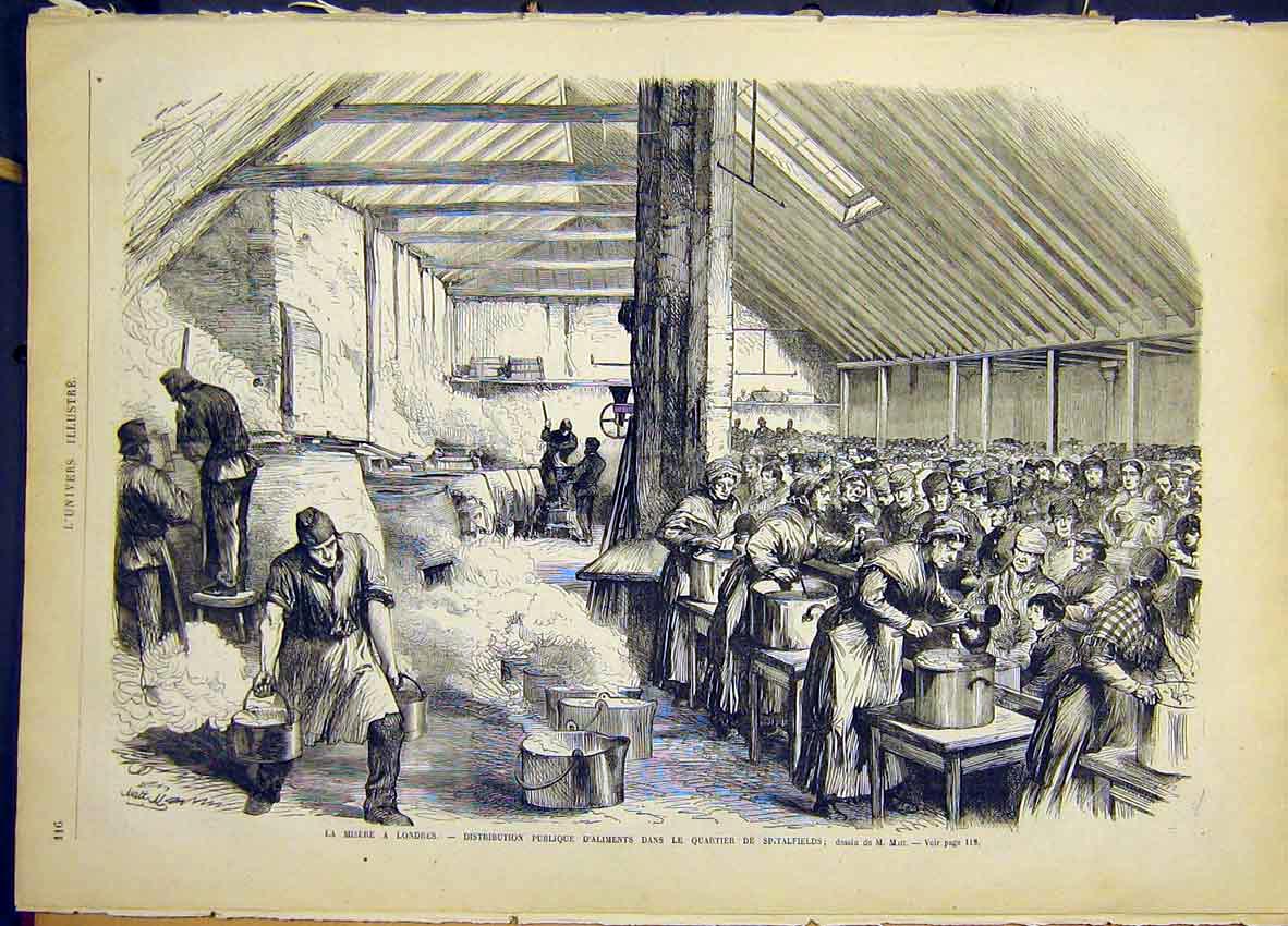 Original Old Antique Print London Spitalfields Poor Food French 1868 Victorian