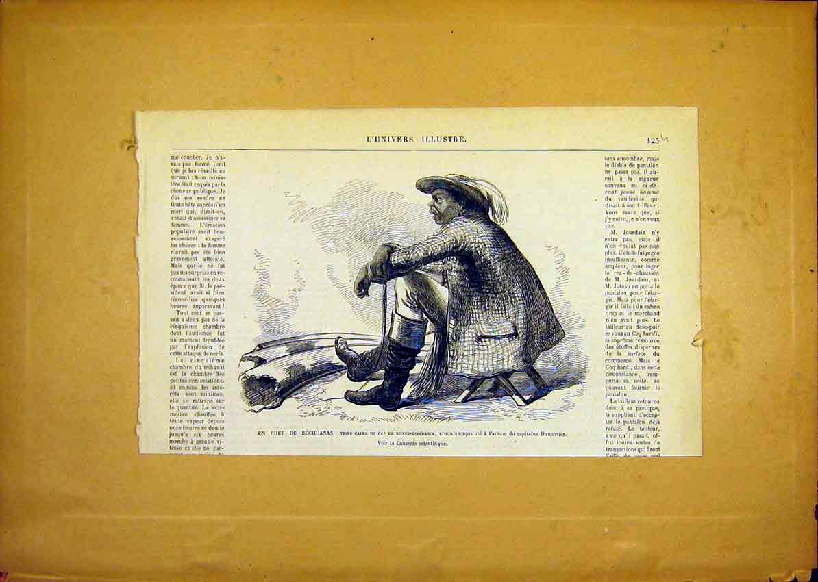 Original Old Antique Print Chief Bechuana Tribe Africa French 1868 Victorian