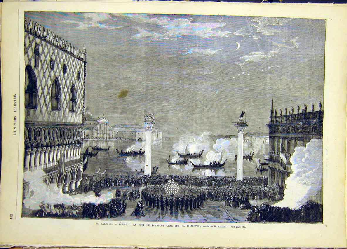 Original Old Antique Print Venice Carnival Piazetta Mariani French 1868 19th