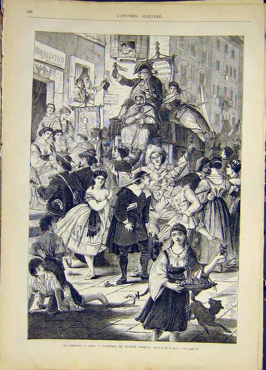 Original Old Antique Print Rome Carnival Doctor Pasquin Procession 1868 19th