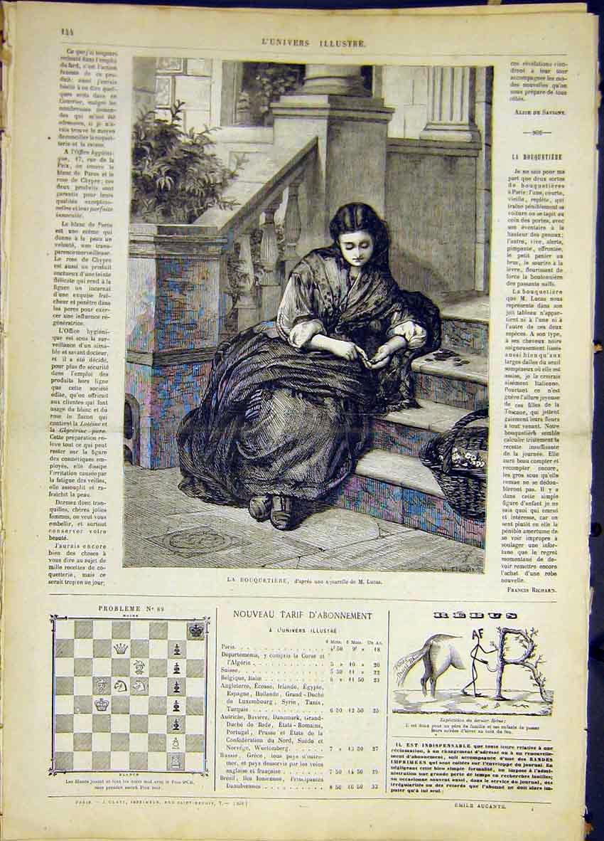 Original Old Antique Print Flower-Seller Girl Lady Lucas French 1868 Victorian