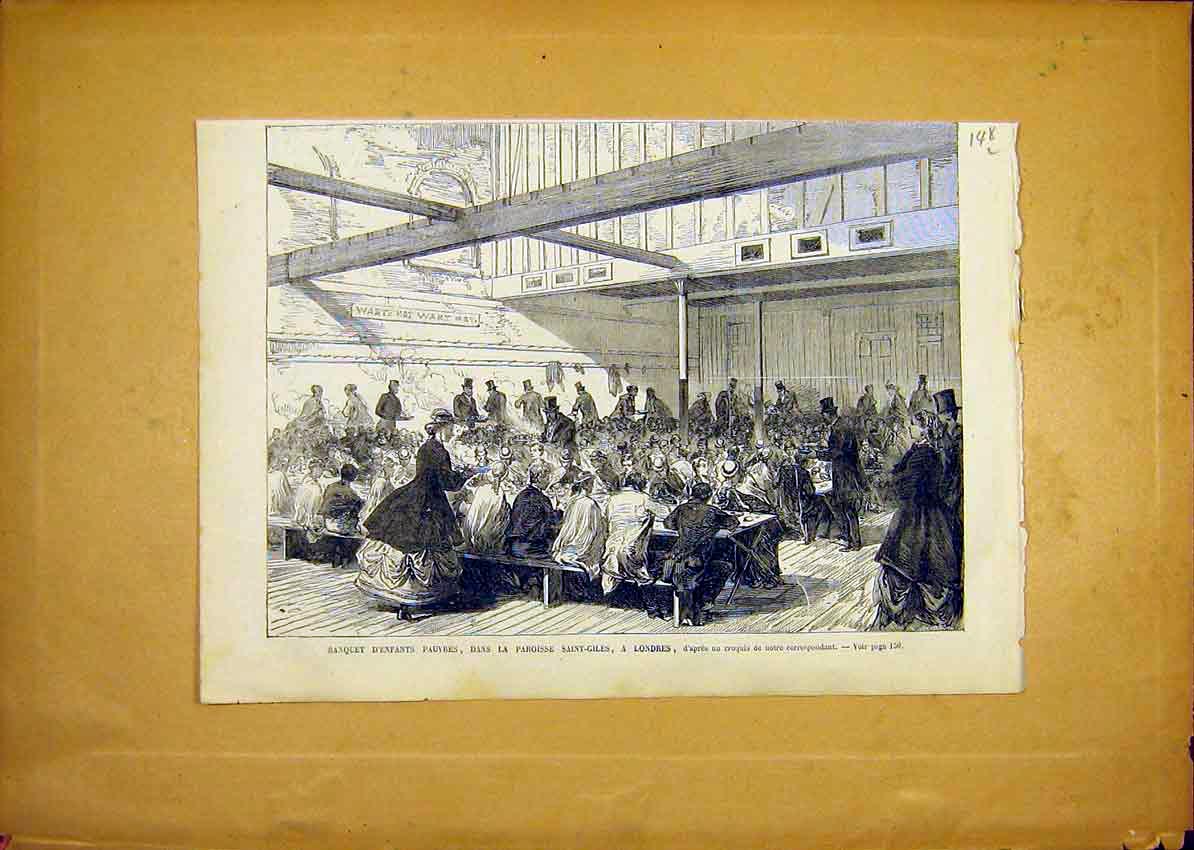 Original Old Antique Print Banquet Poor Saint-Giles London French 1868 19th