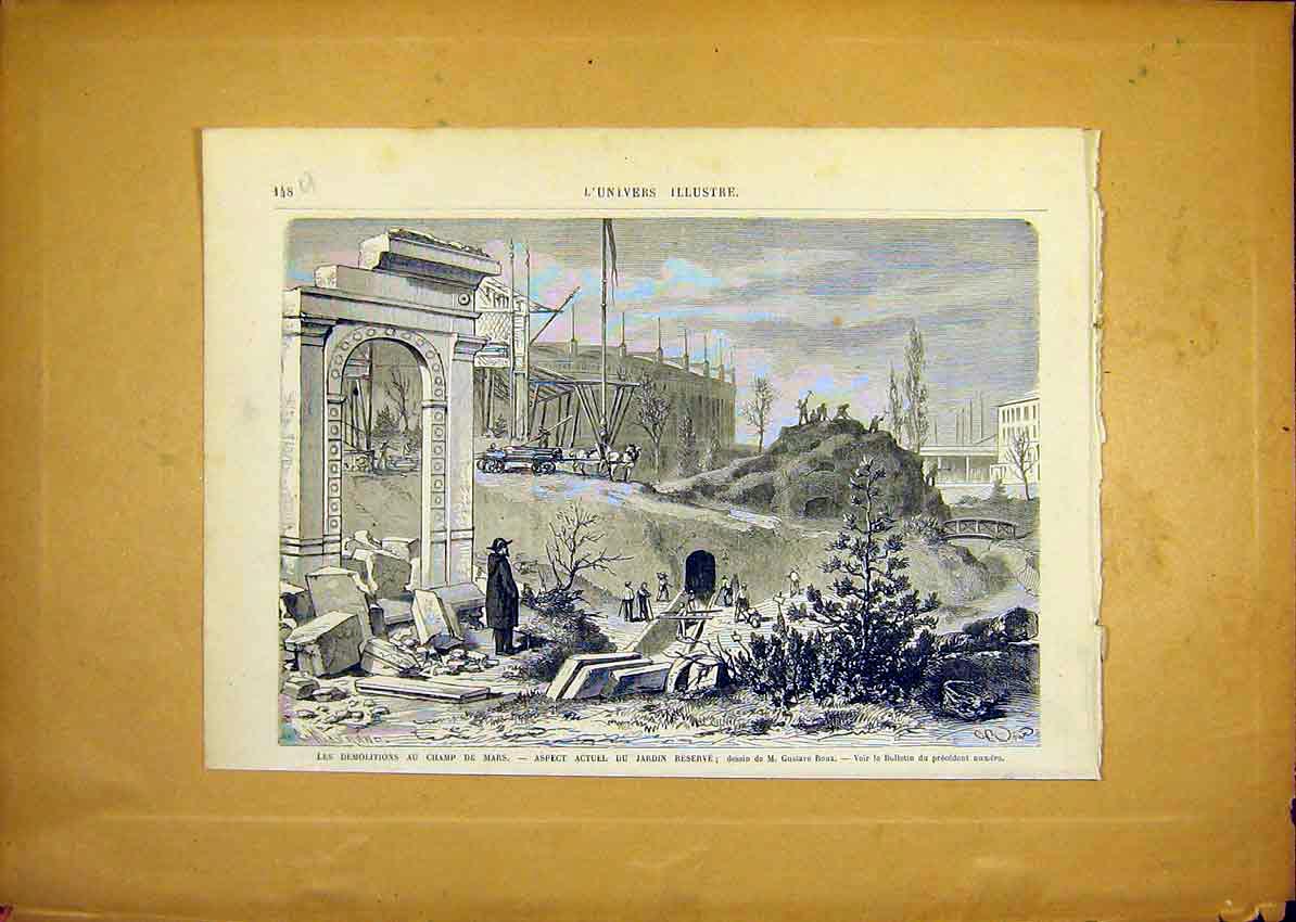 Original Old Antique Print Champ-De-Mars Demolition Garden Roux French 1868