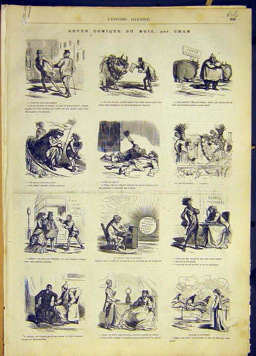 Original Old Antique Print Revue Comic Sketch Cham Passport French 1868 19th