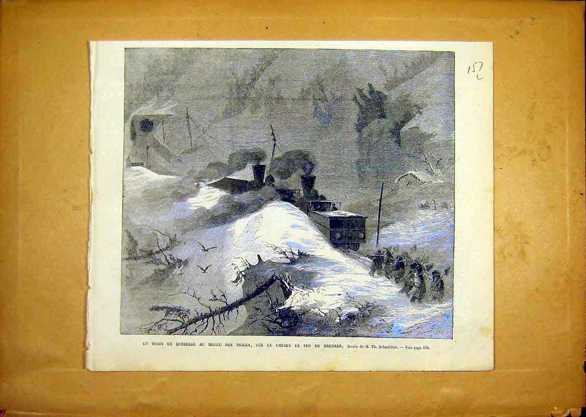 Original Old Antique Print Train Snow Brenner French 1868 19th