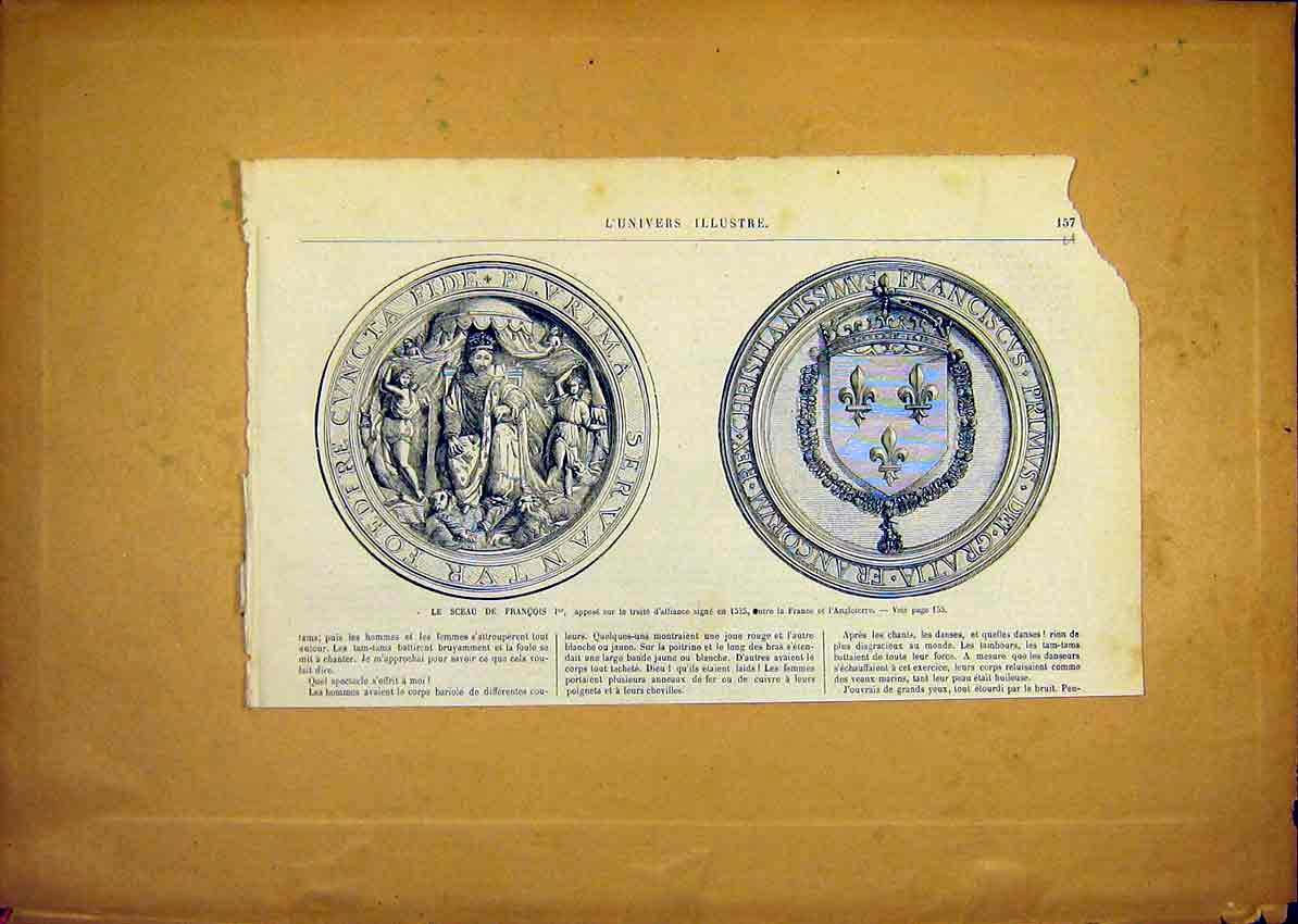 Original Old Antique Print Medals Francis Alliance Medallion French 1868 19th