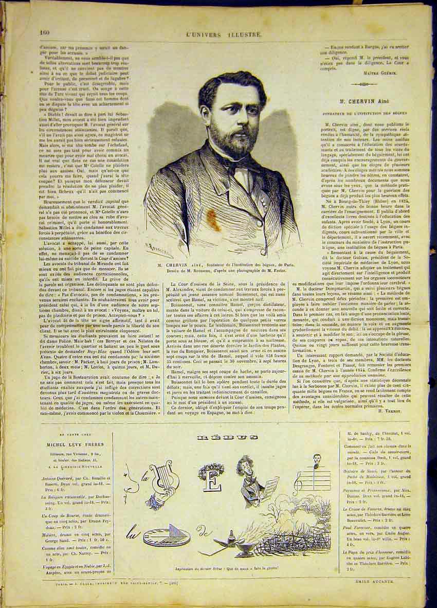 Original Old Antique Print Portrait Chervin Paris Founder French 1868 Victorian
