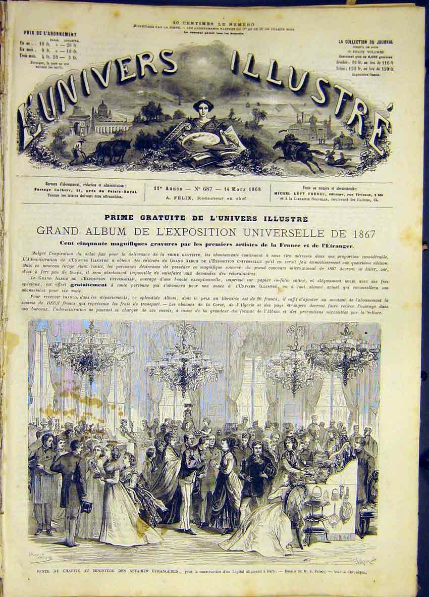 Original Old Antique Print Charity Hospital Paris France French 1868 Victorian