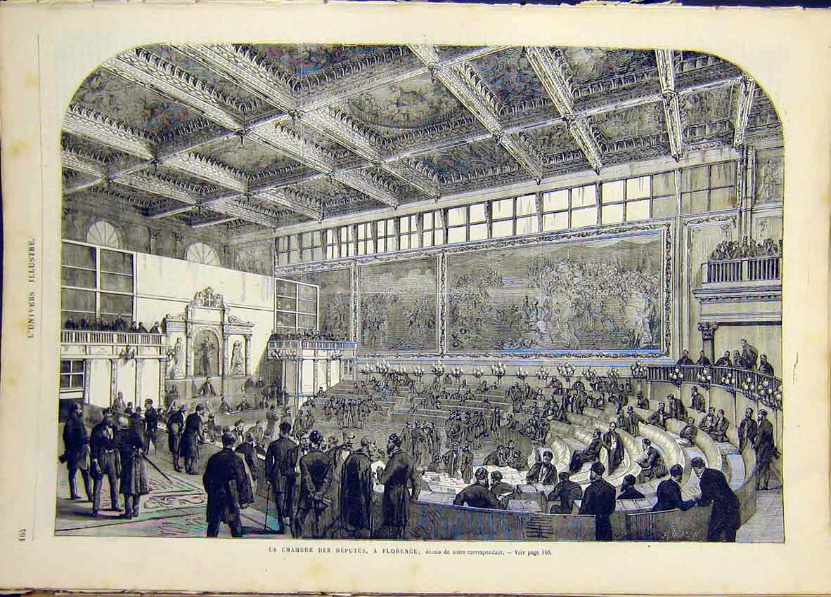 Original Old Antique Print Deputy Chambre Florence Italy French 1868 Victorian