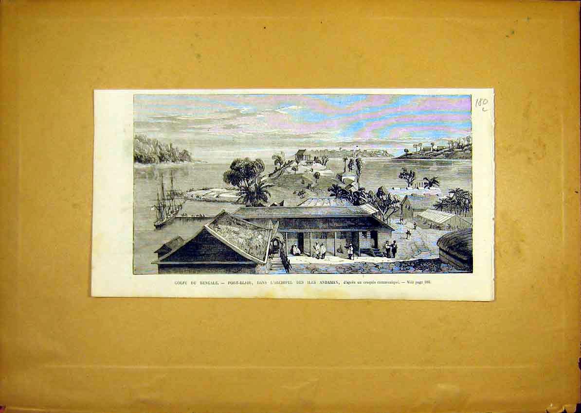 Original Old Antique Print Gulf Bengal Andaman Port Blair French 1868 Victorian