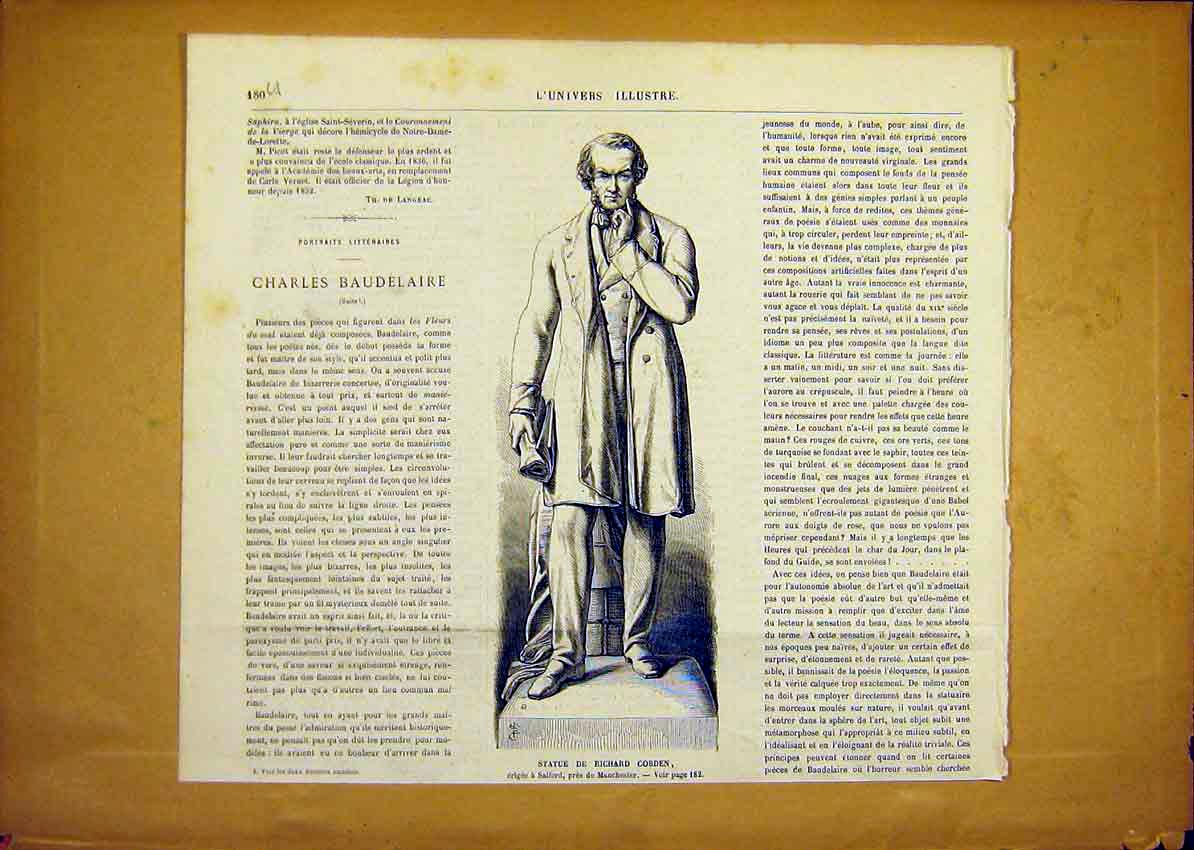 Original Old Antique Print Statue Richard Cobden French 1868 19th