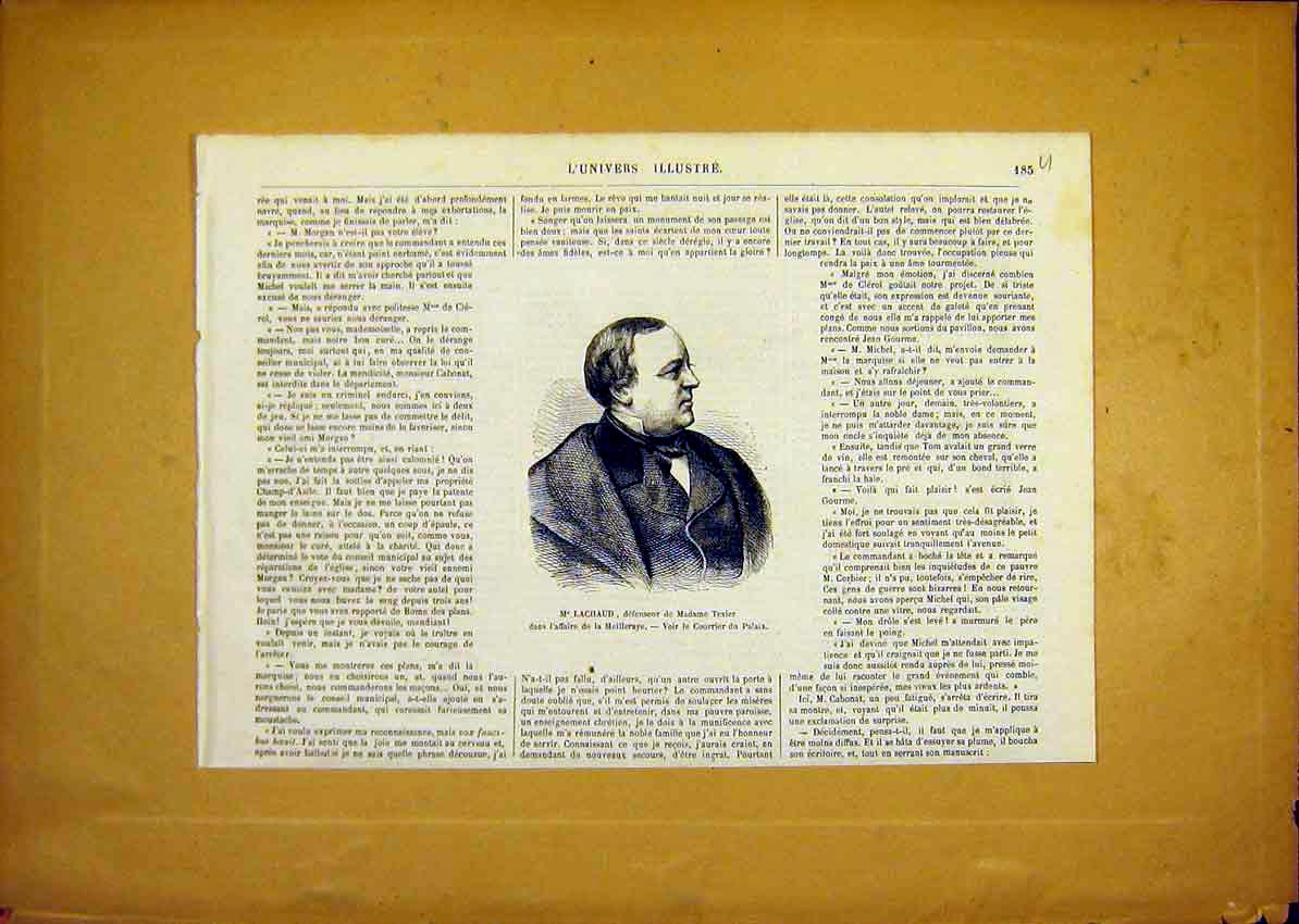Original Old Antique Print Portrait Lachaud Texier Meilleraye French 1868 19th