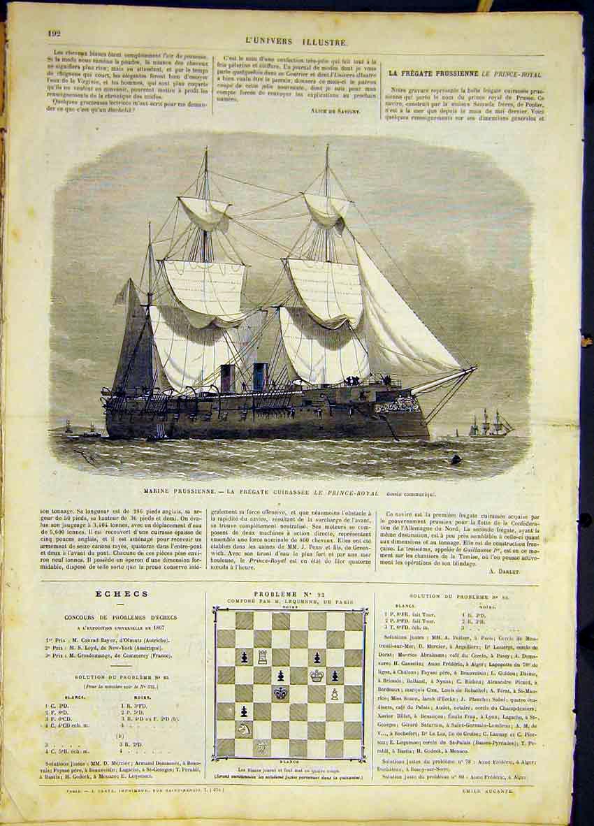Original Old Antique Print Prussian Navy Frigate Prince-Royal French 1868 19th