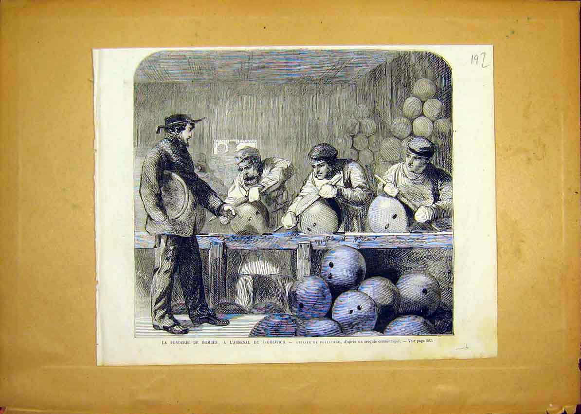 Original Old Antique Print Bomb Foundry Arsenal Woolwich French 1868 Victorian