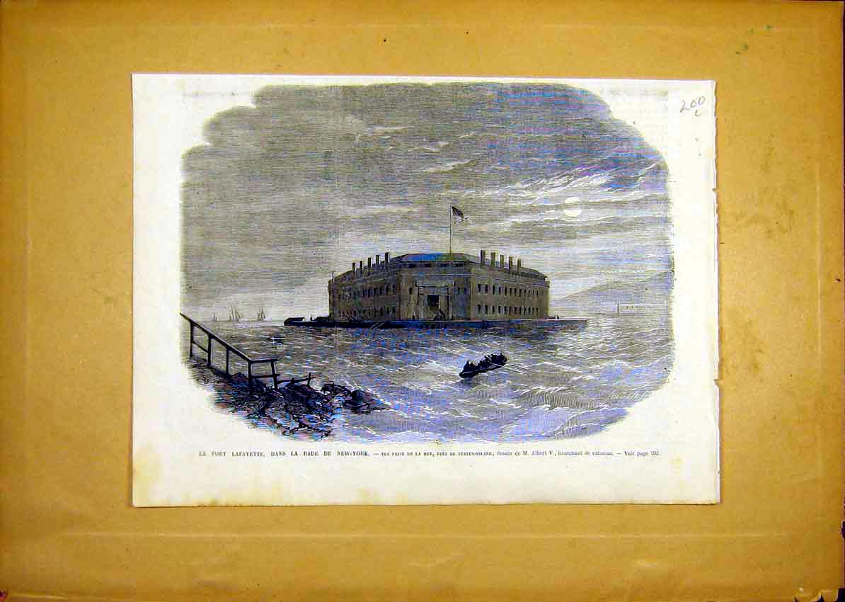 Original Old Antique Print Fort Lafayette New York Usa Staten French 1868 19th