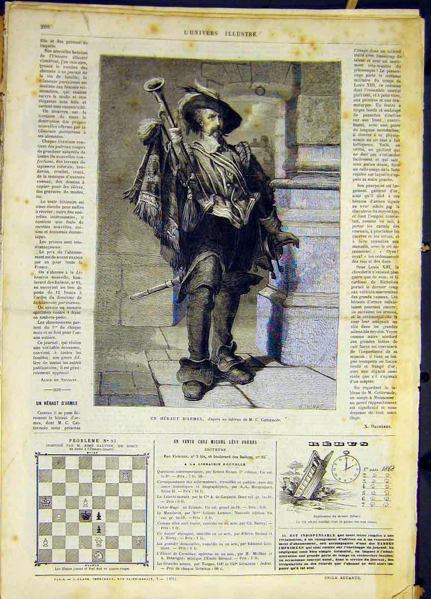 Original Old Antique Print Portrait Hero Army Cattermole French 1868 Victorian