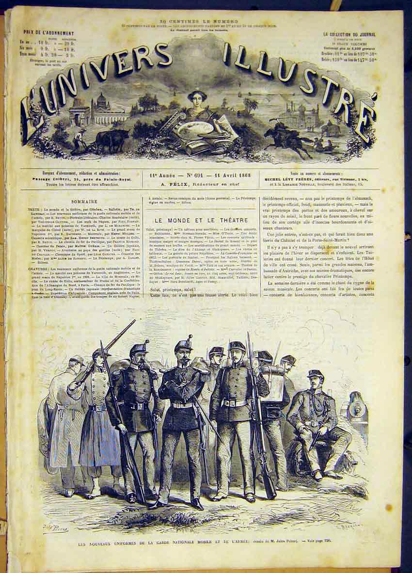 Original Old Antique Print Uniforms Military Guard Mobile French 1868 Victorian