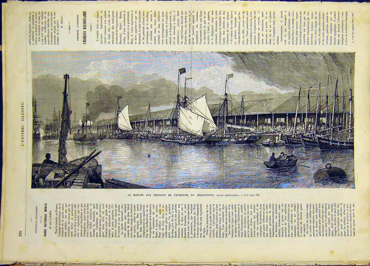 Original Old Antique Print Fishermen Yarmouth Market Fish French 1868 Victorian