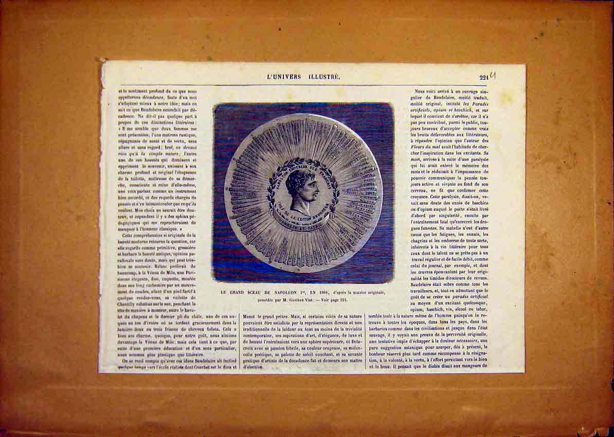 Original Old Antique Print Medal Coin Napoleon 1804 French 1868 Napoleonic Era
