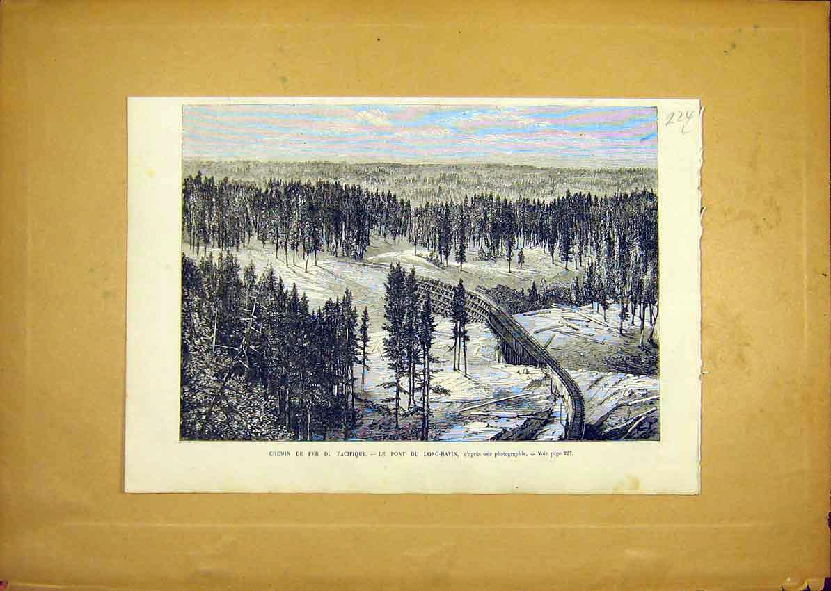 Original Old Antique Print Railway Pacific Long-Ravin Bridge French 1868 19th