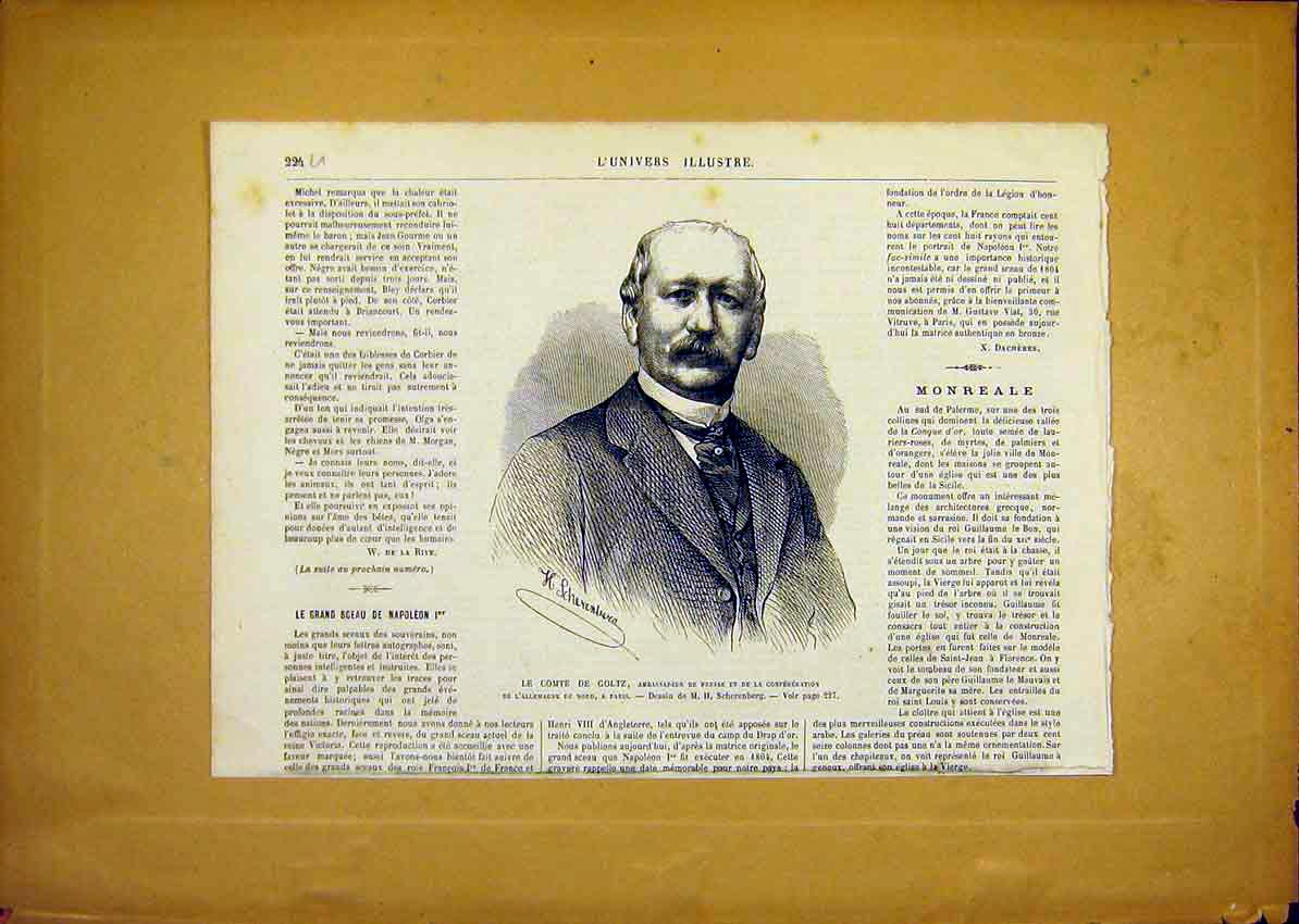 Original Old Antique Print Portrait Comte De Goltz Ambassador French 1868 19th