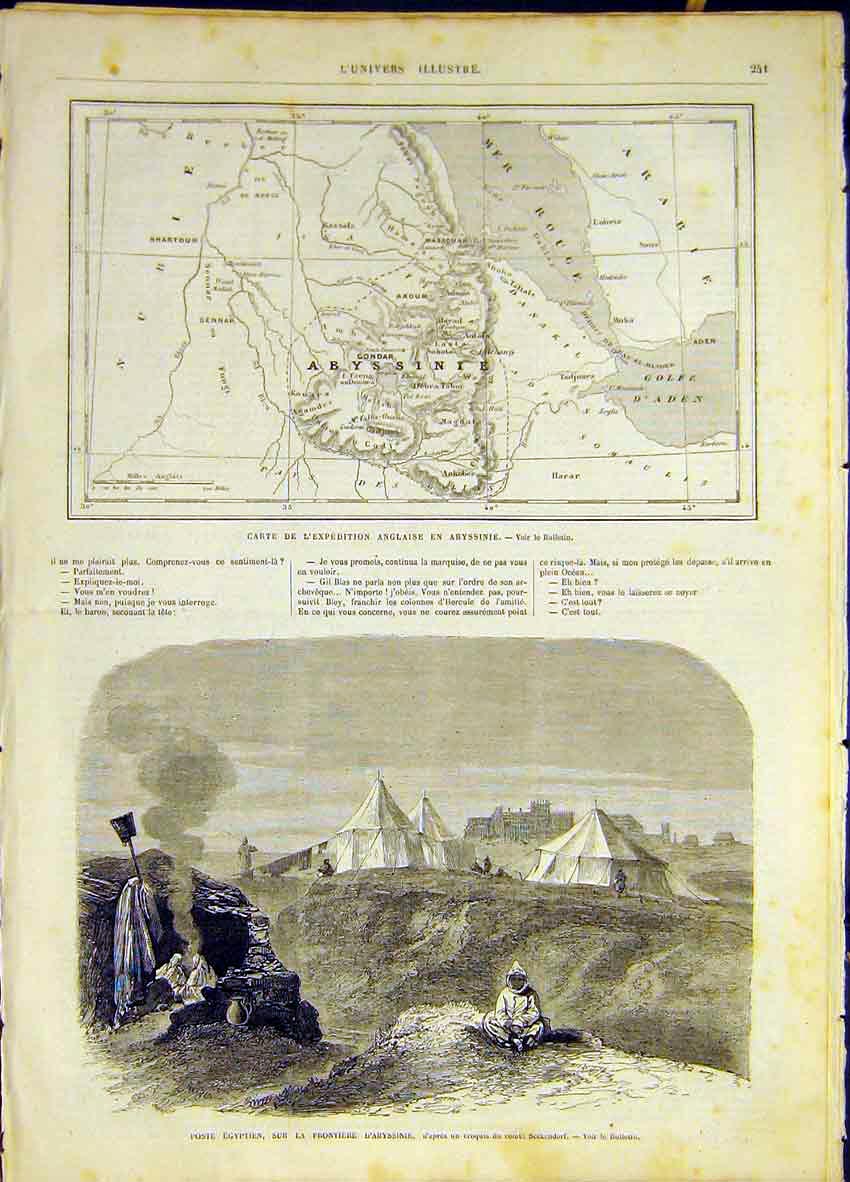 Original Old Antique Print Map Abyssinia Egytpian Guard War French 1868 19th