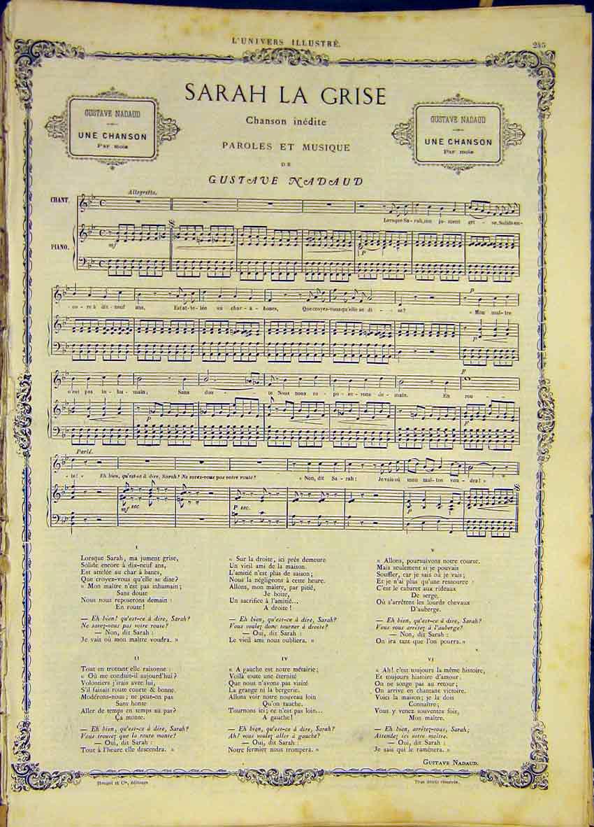Original Old Antique Print Sarah La Grise Nadaud Music Score French 1868 19th