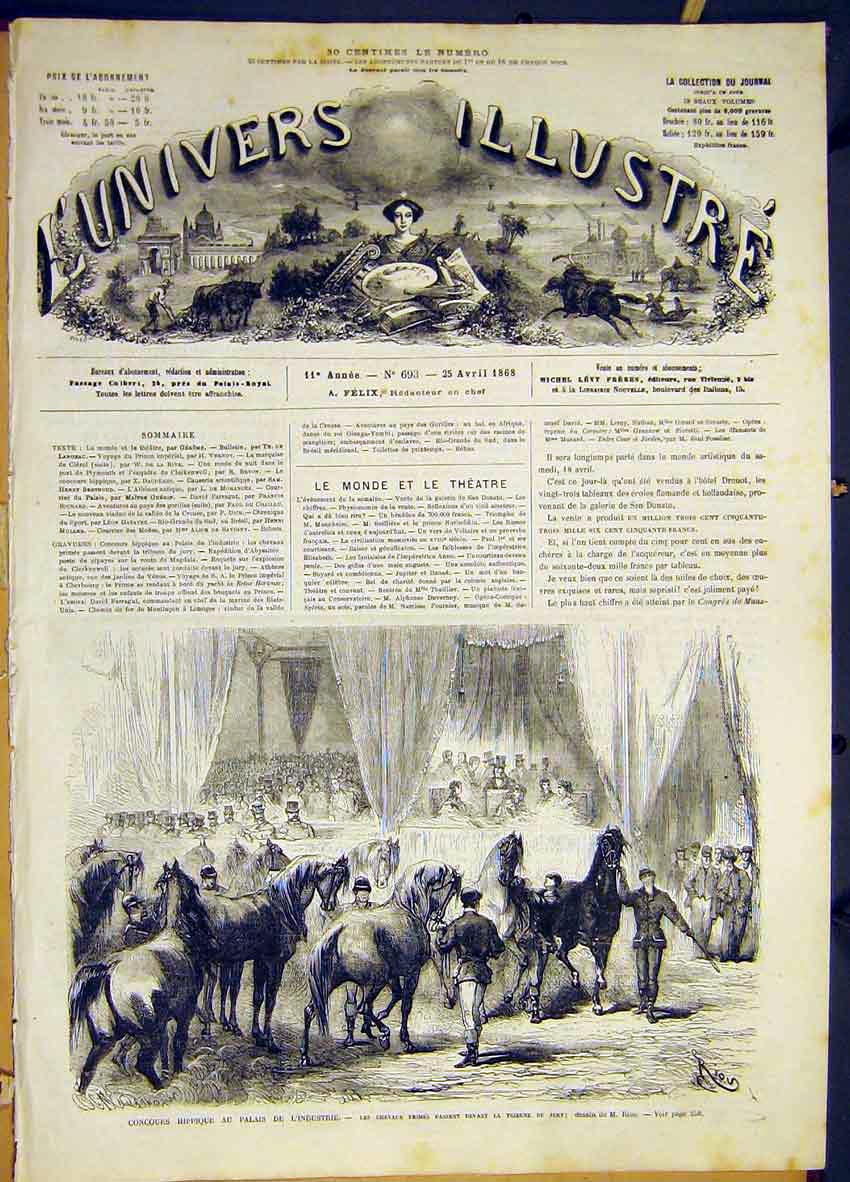 Original Old Antique Print Horses Judges Hippodrome Industry French 1868 19th