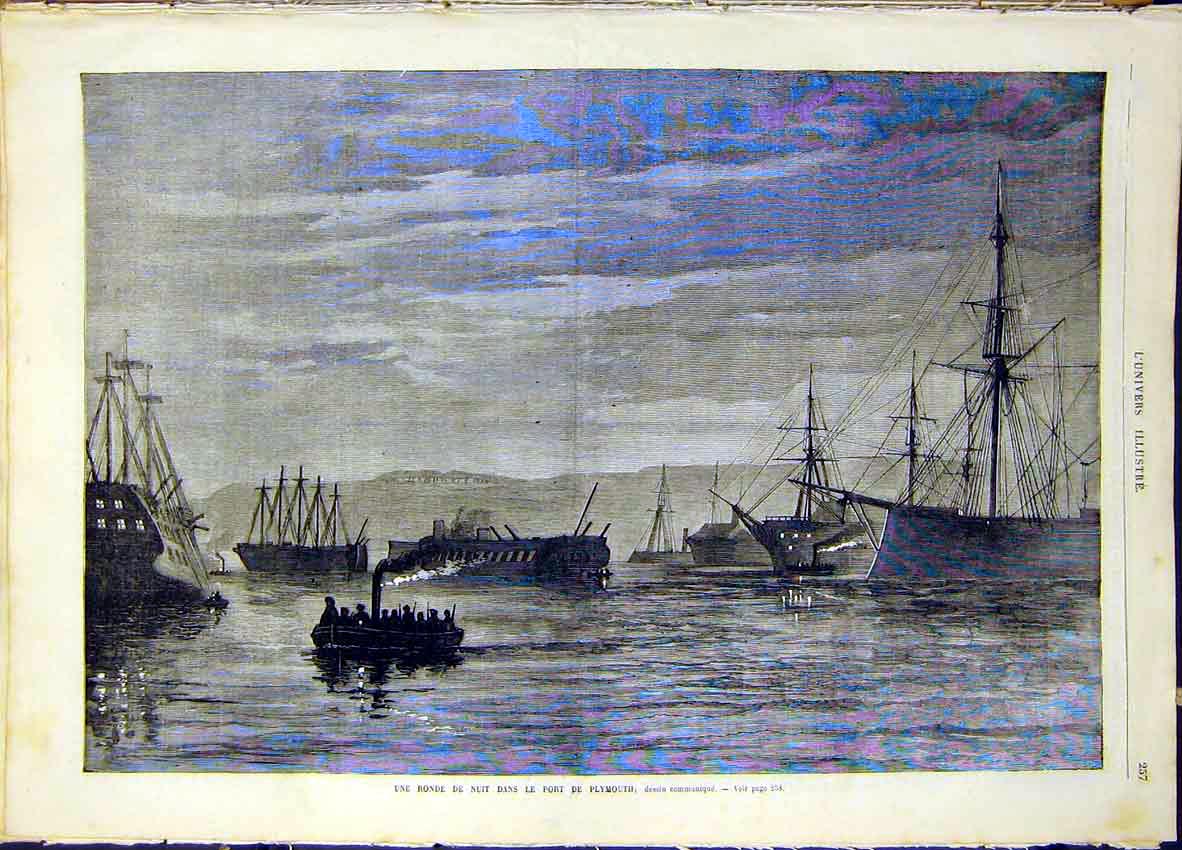 Original Old Antique Print Plymouth Port Boats Night French 1868 19th