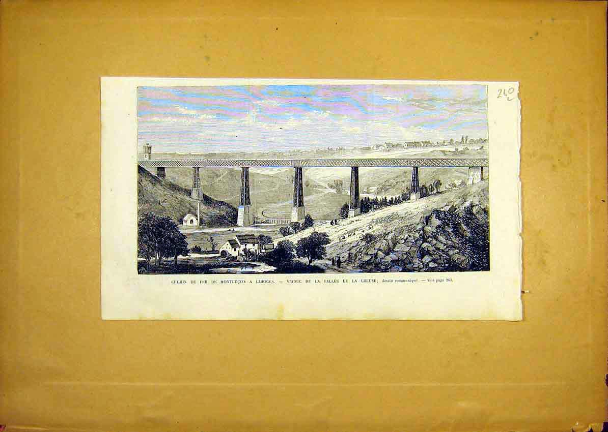 Original Old Antique Print Railway Viaduct Creuse Limoges French 1868 Victorian