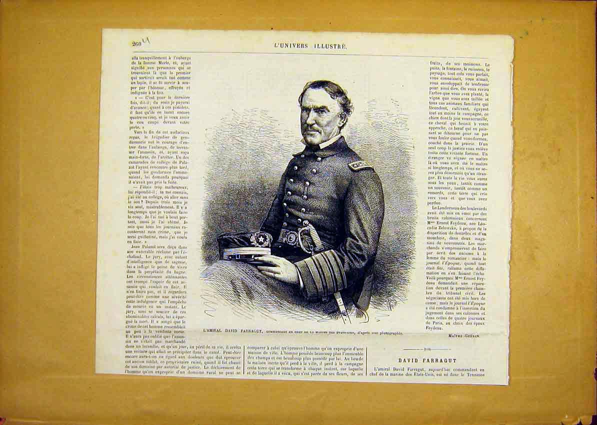 Original Old Antique Print Portrait Admiral Farragut French 1868 19th