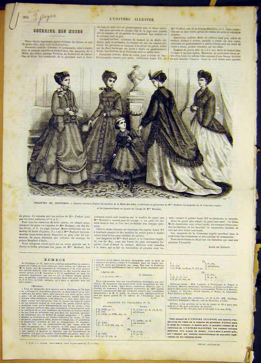 Original Old Antique Print Ladies Fashion Spring Dresses French 1868 Victorian