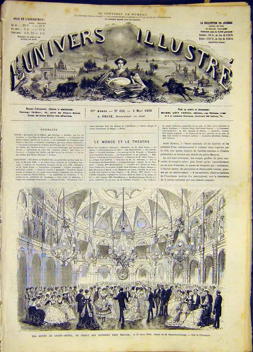 Original Old Antique Print Ball Grand-Hotel Poor French 1868 19th