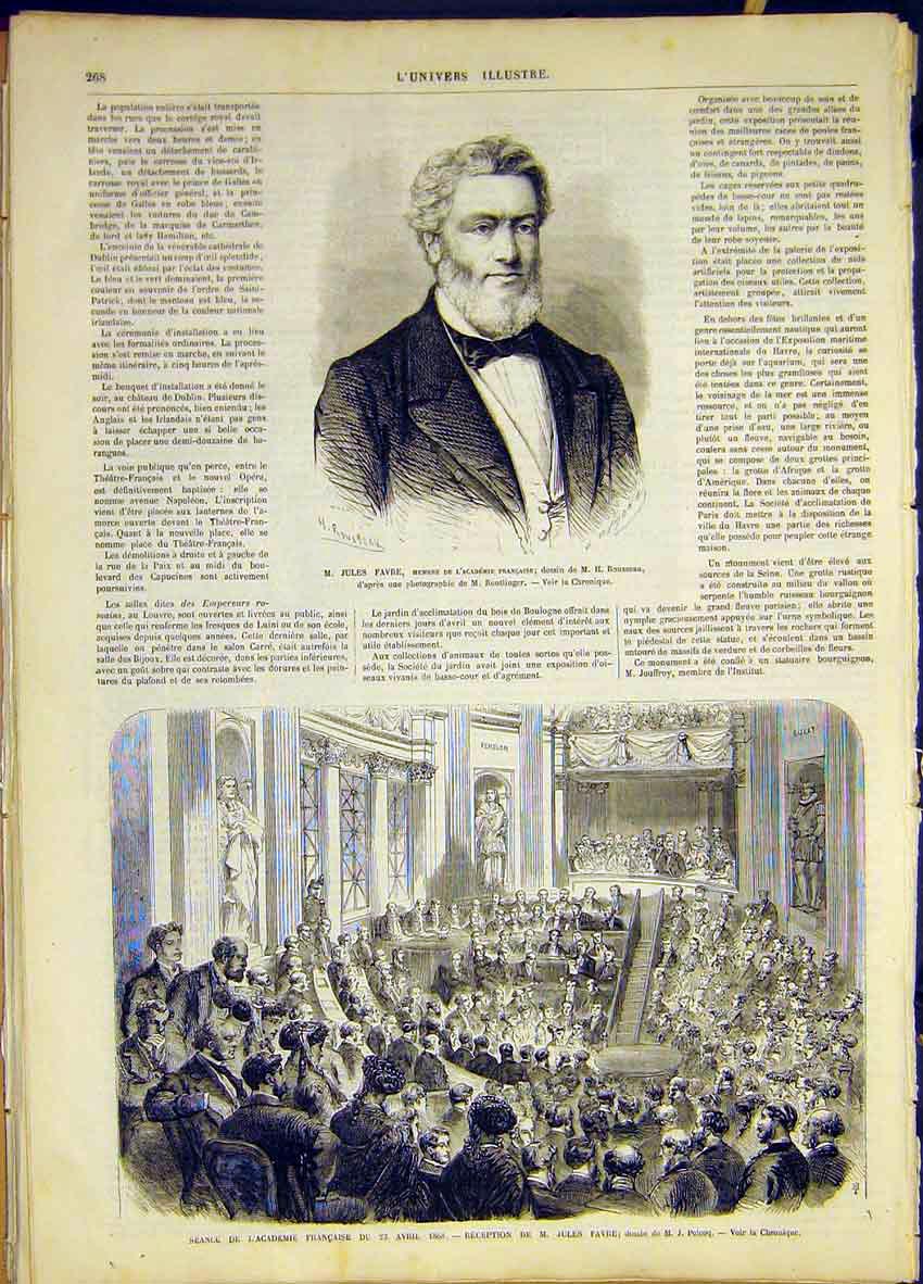 Original Old Antique Print Portrait Favre French Academy France 1868 Victorian