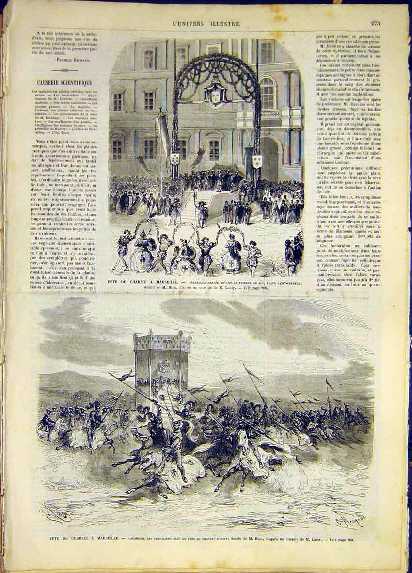 Original Old Antique Print Fete Marseille France Charity French 1868 Victorian