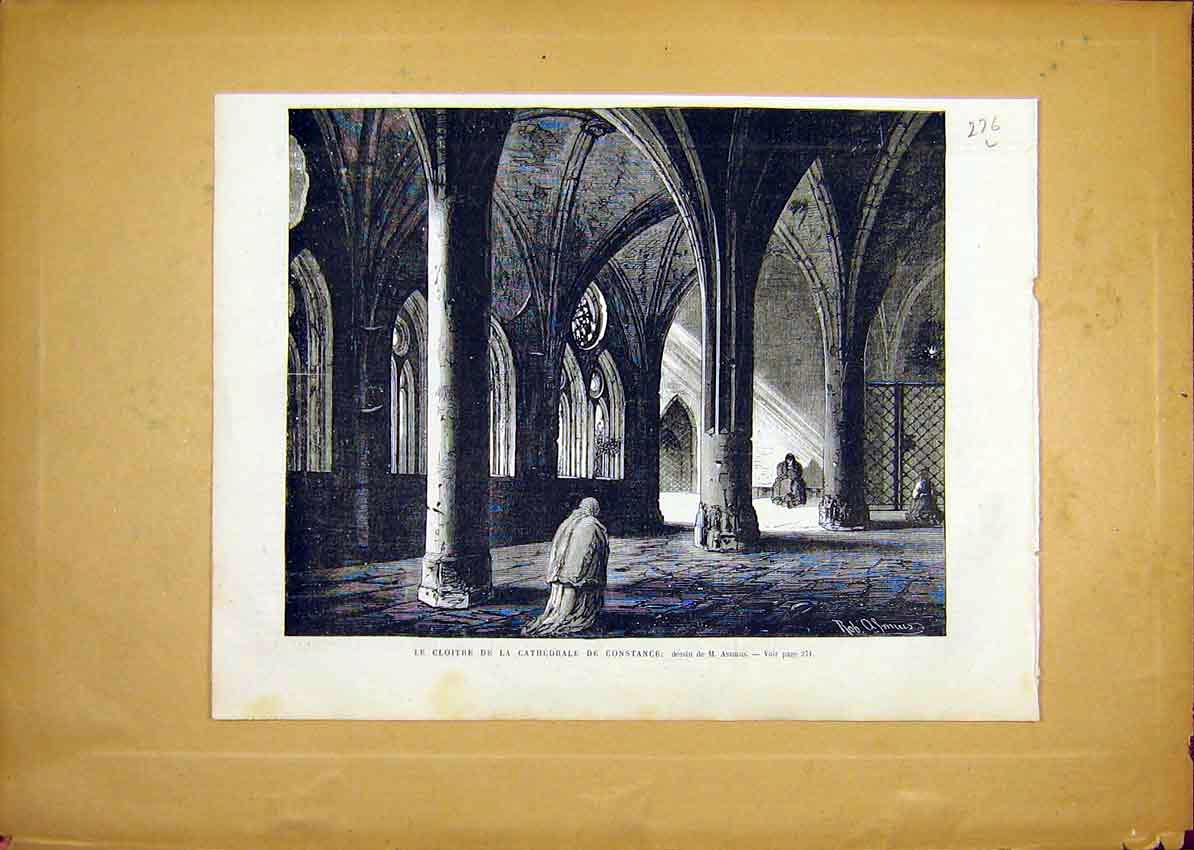Original Old Antique Print Cathedral Constance Cloisters French 1868 Victorian