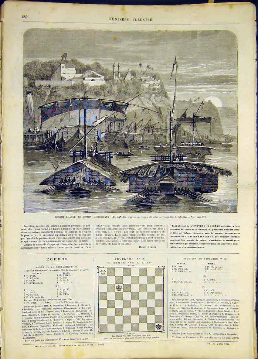 Original Old Antique Print Convoy Cotton Ganges River India French 1868 19th