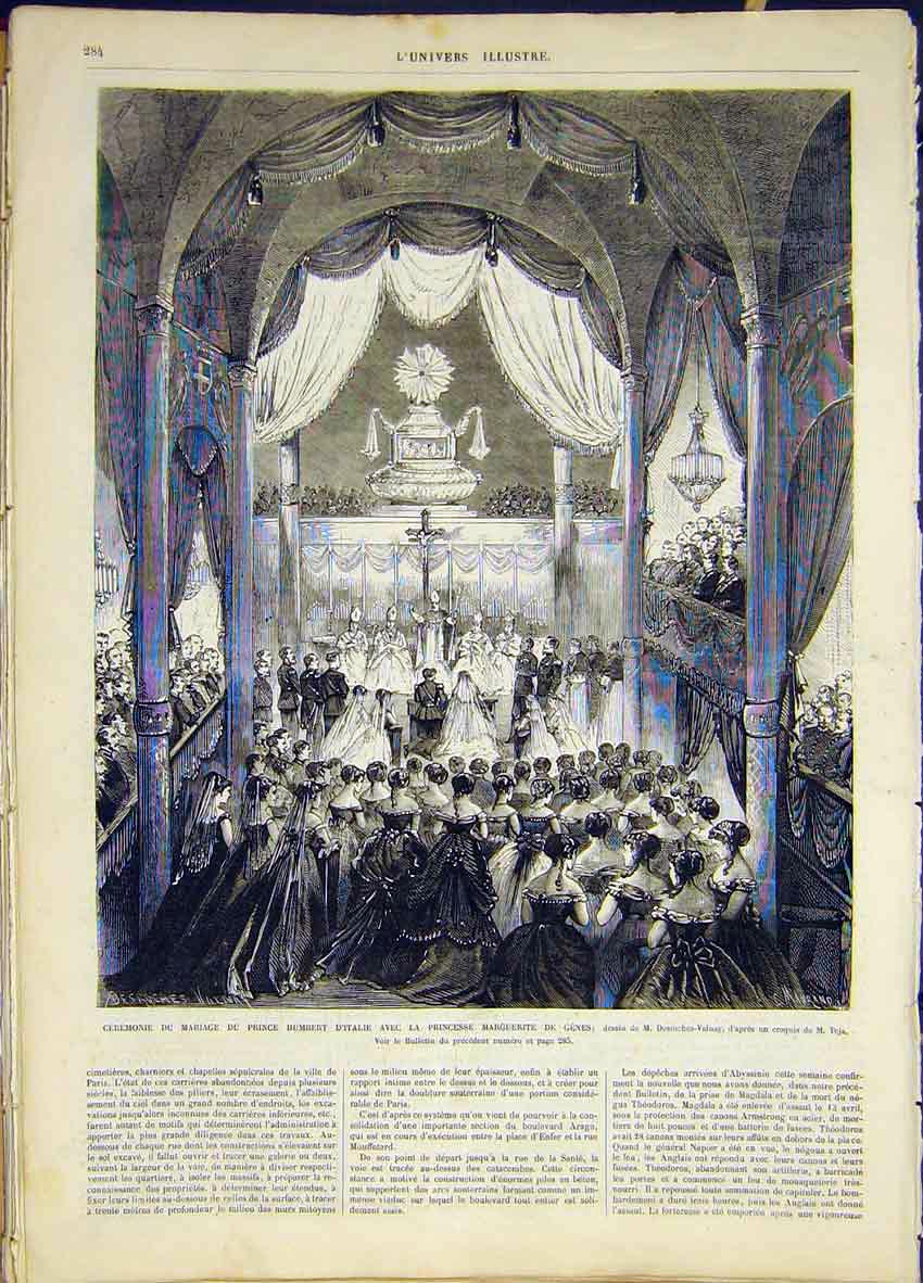 Original Old Antique Print Marriage Prince Humbert Princess Margaret 1868 19th