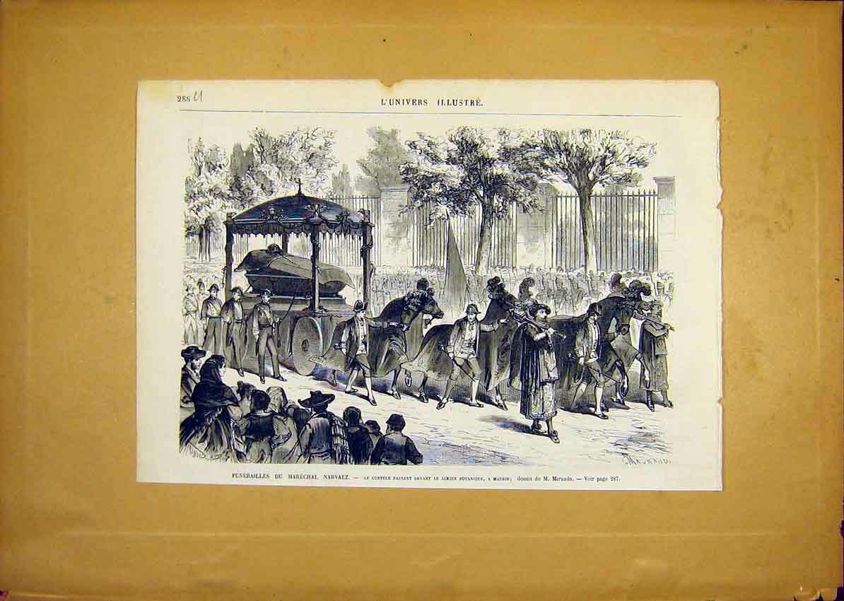 Original Old Antique Print Funeral Marechal Narvaez Madrid Spain French 1868