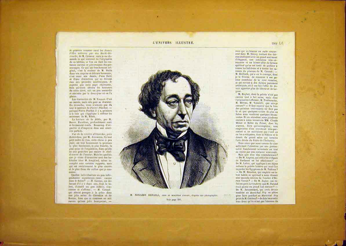 Original Old Antique Print Portrait Disraeli Minister English French 1868 19th