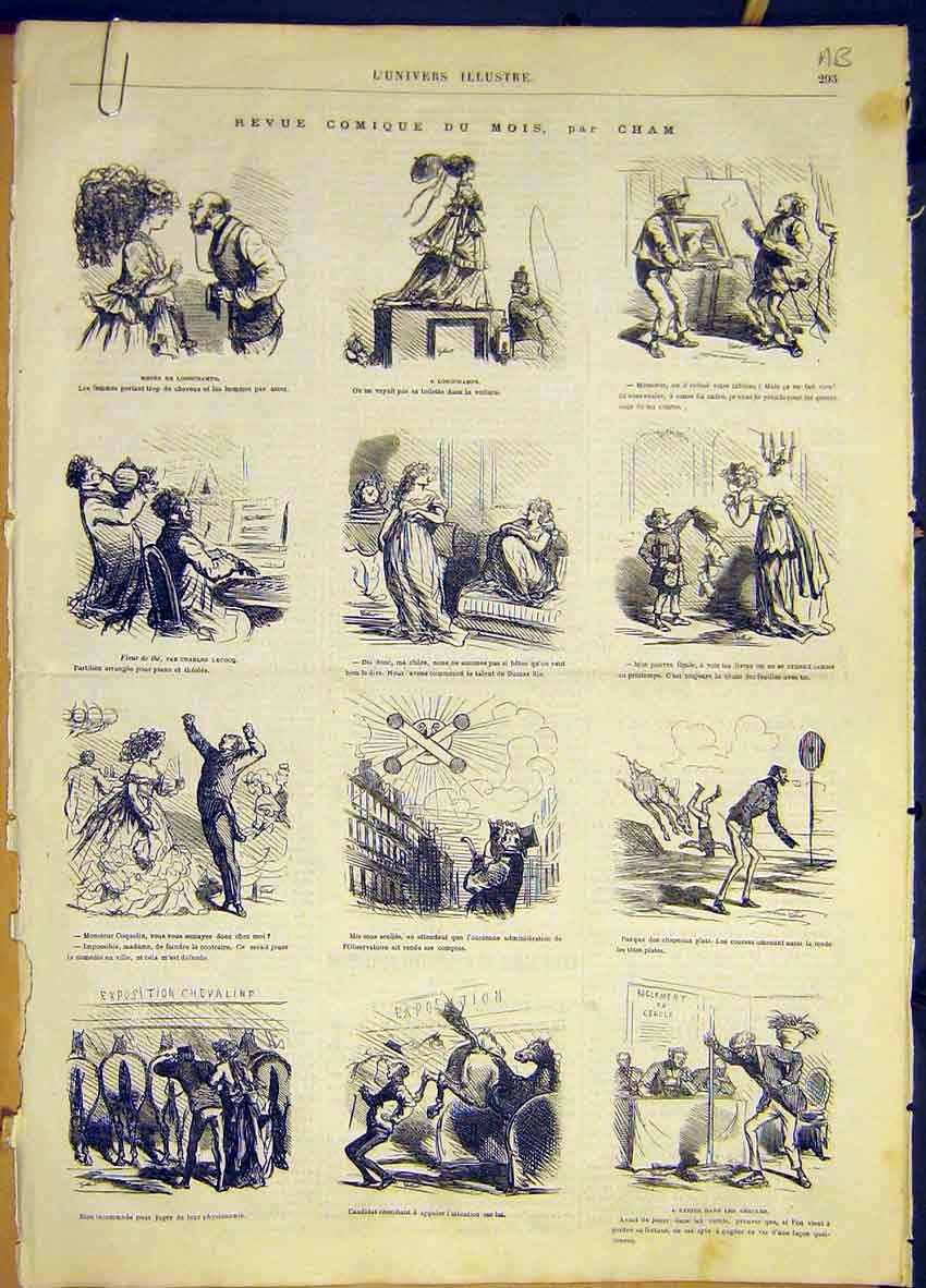 Original Old Antique Print Comic Sketches Cham Longchamps French 1868 Victorian