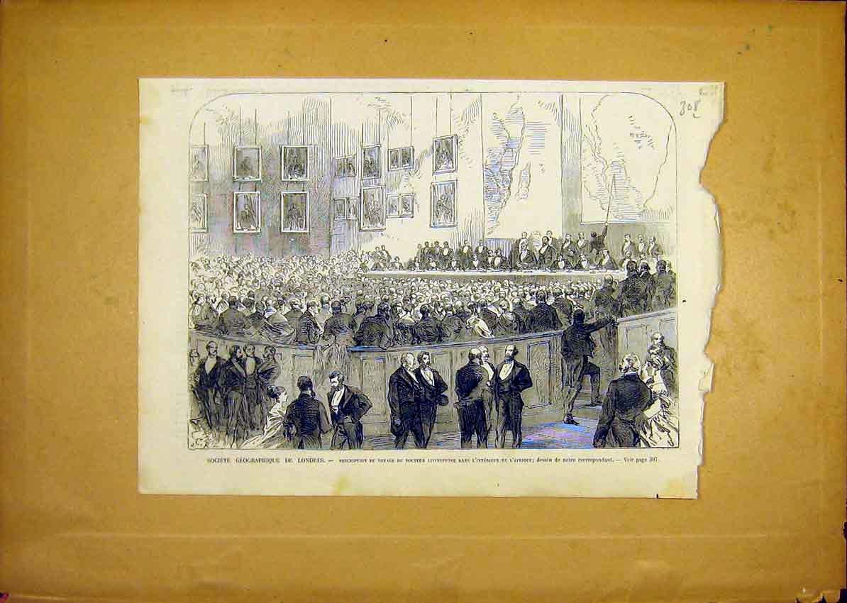 Original Old Antique Print Geographic Society London French 1868 19th