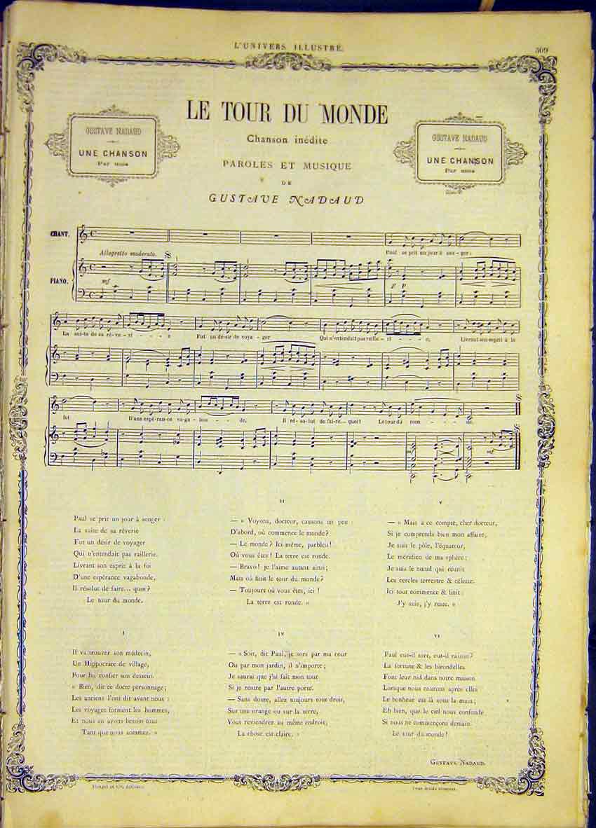 Original Old Antique Print Le Tour Du Monde Song Music Score Nadaud 1868 19th