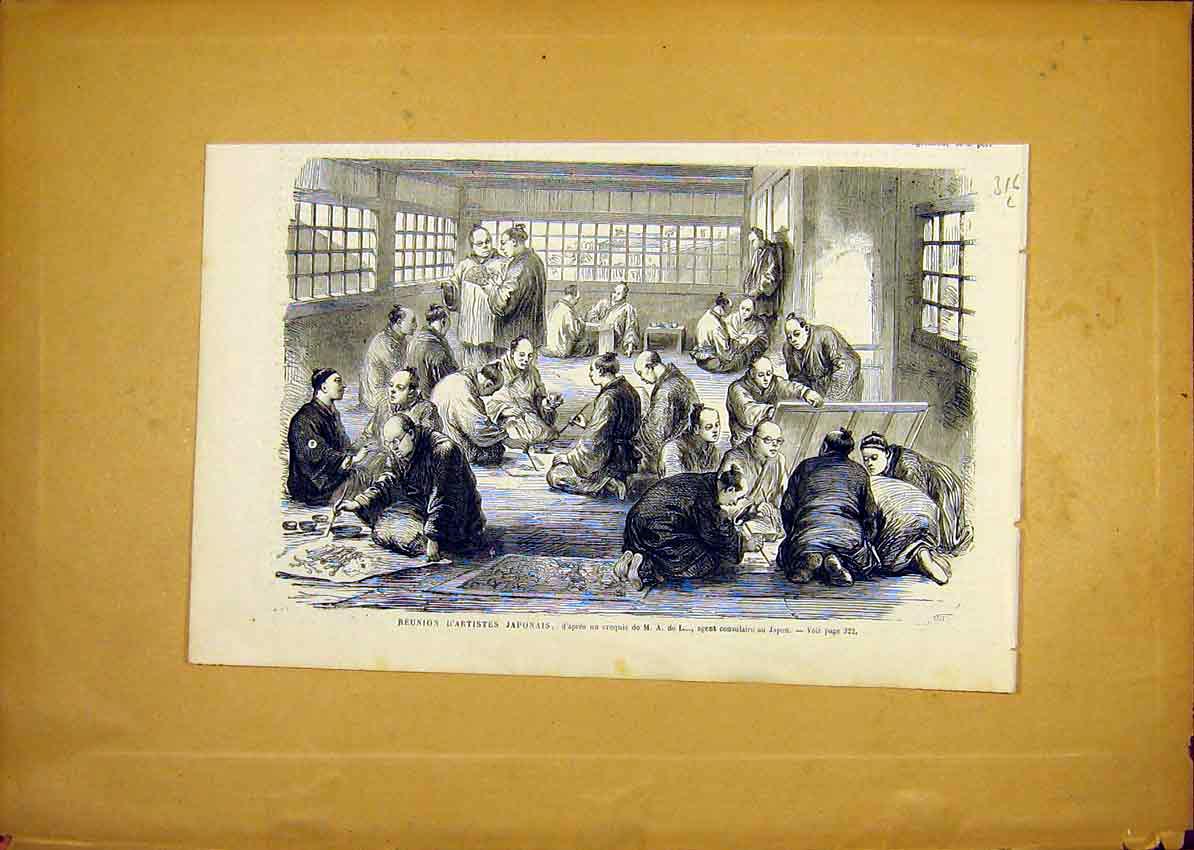 Original Old Antique Print Japanese Artists Reunion Japan French 1868 Victorian
