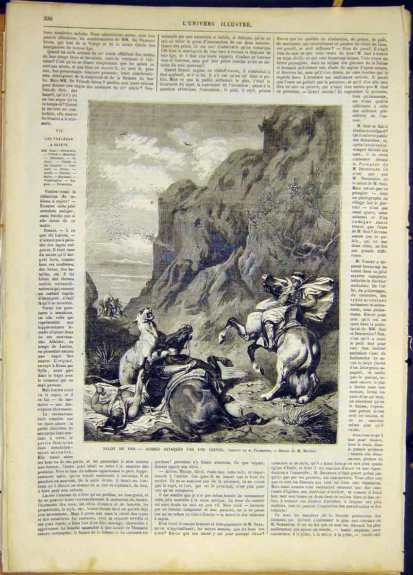 Original Old Antique Print Arabs Lion Attack Fromentin French 1868 Victorian