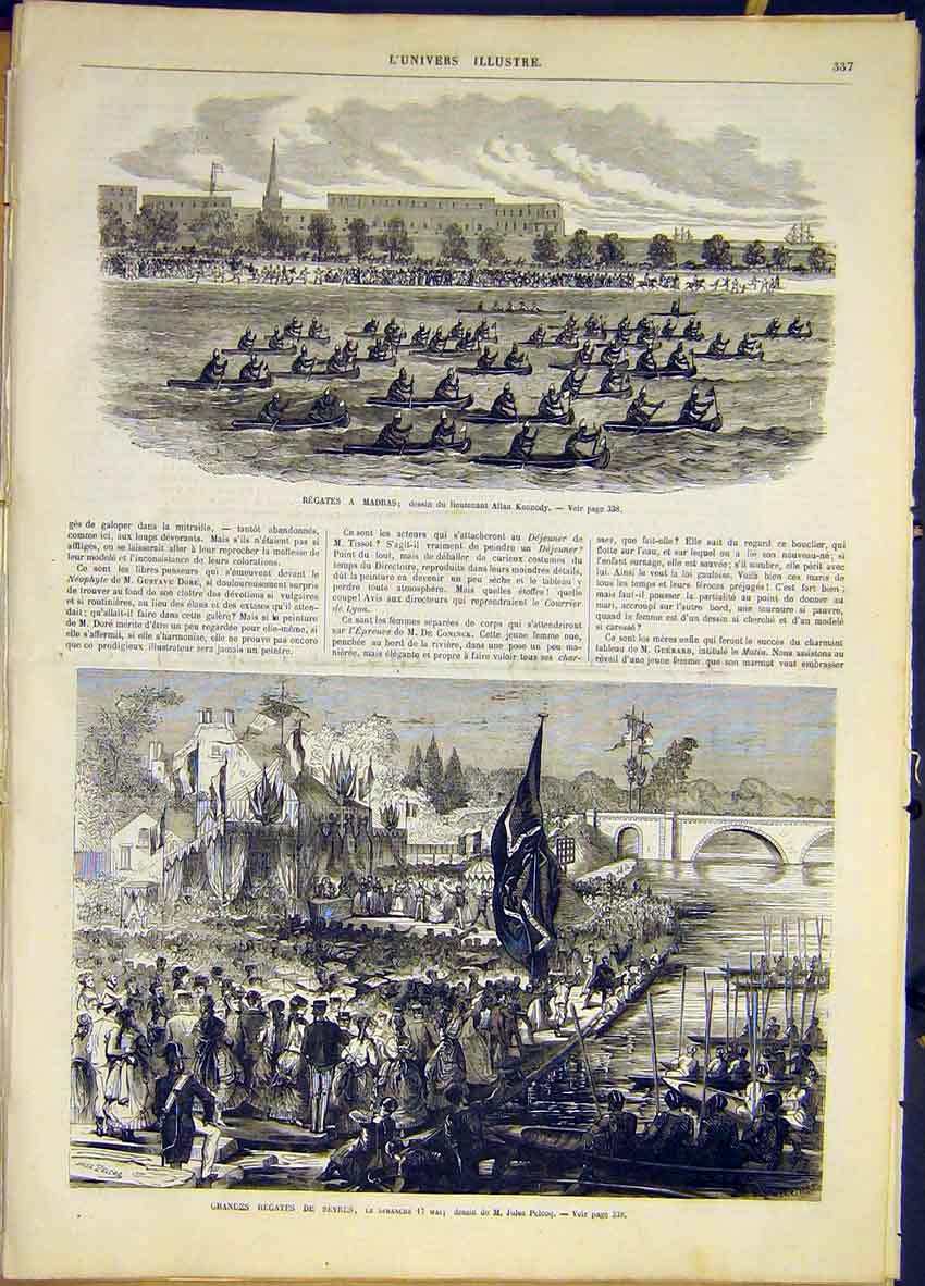 Original Old Antique Print Regatta Madras India Sevres France French 1868 19th