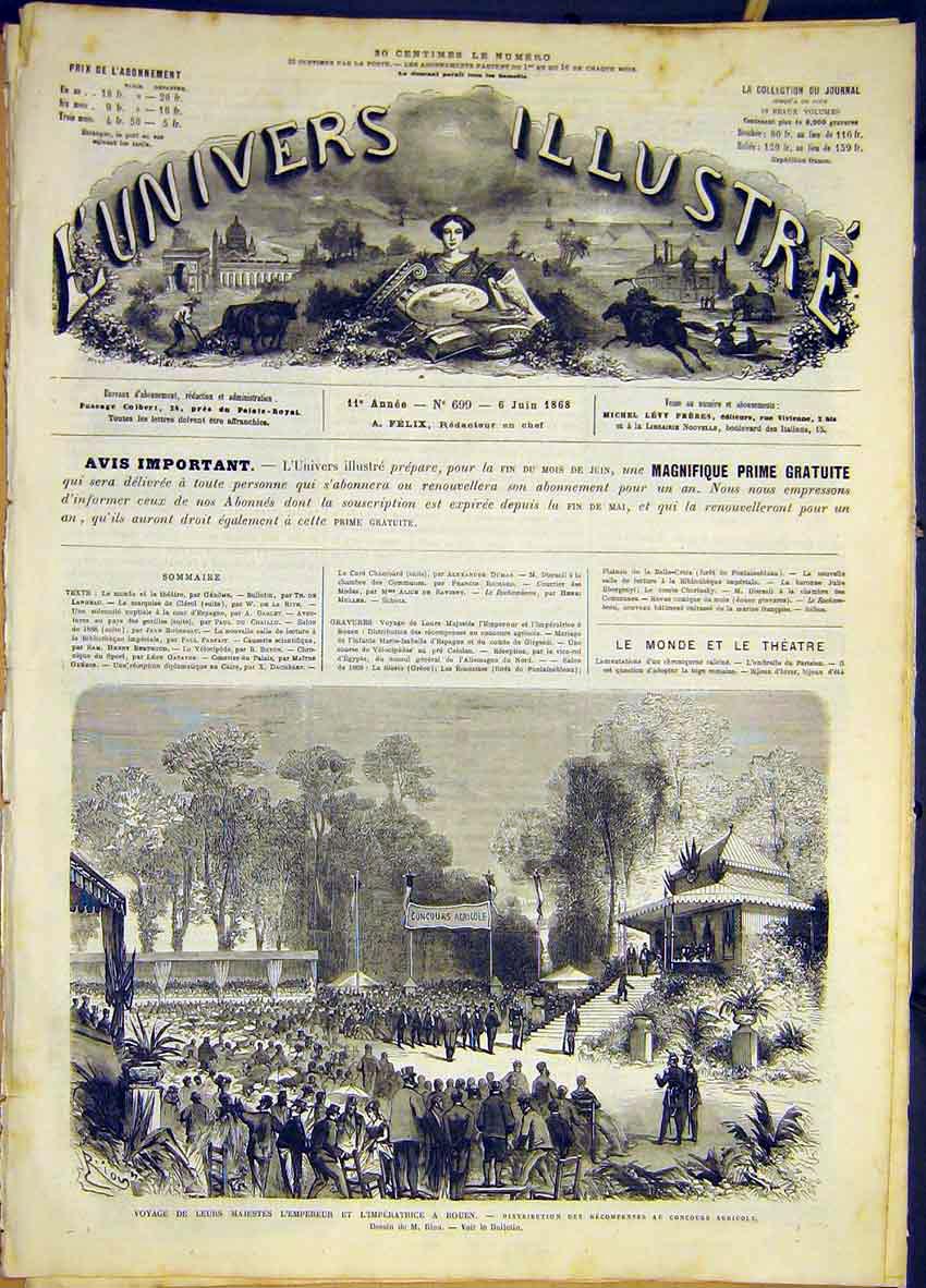 Original Old Antique Print Rouen Royal Visit Emperor Agriculture French 1868